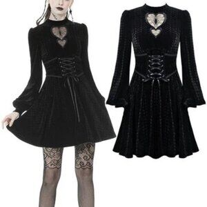 Dark in Love Gothic double heart front belt waist velvet dress Corset